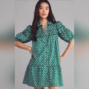 Anthropologie Maeve Leandra Shirred Yoke Mini Dress Green Clubs Spades Motif